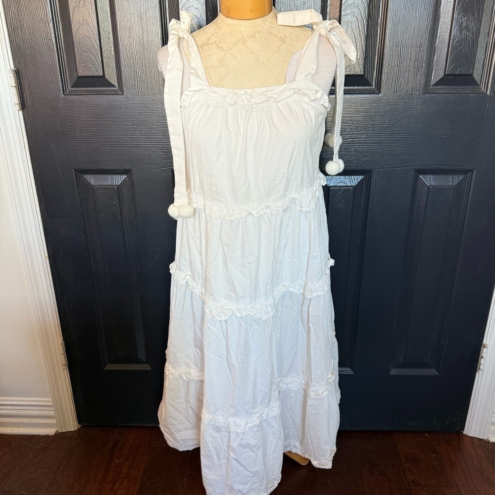 fab’rik Marlowe Shoulder Tie Pom Pom Tiered Dress- Size Small